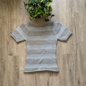 Jill Stuart Gray Stripe Puff Sleeve Short Sleeve knit Top Wool Blend Metallic